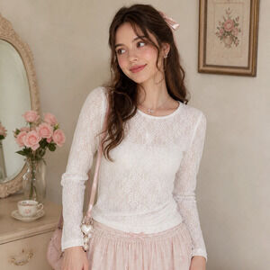 Vintage Long Lace Shirt Top Women Small White Coquette Boho Y2K Cottage